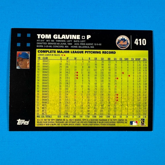 2007 Topps #410 Tom Glavine New York Mets - Picture 2 of 2